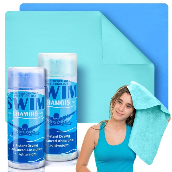 chamois towel, swim towel, sports drying towel, microfiber swim towel, quick dry towel, pva sports towel, product launch, brand awareness, lifestyle, minimalist, fresh, energetic, blue, green